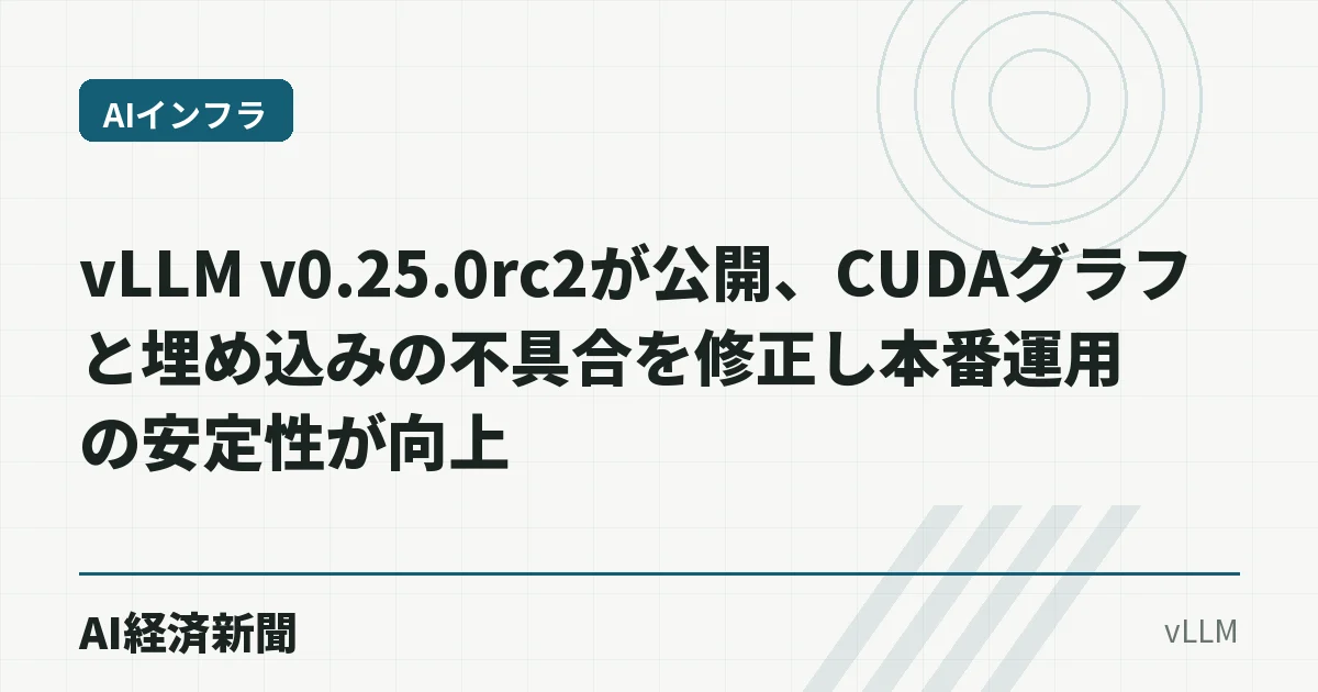 vLLM v0.25.0rc2が公開、CUDAグラフと埋め込みの不具合を修正し本番運用の安定性が向上